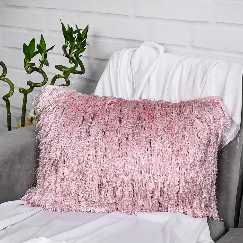 Fringed Polyester Wide Pink Shaggy Cushion Cover