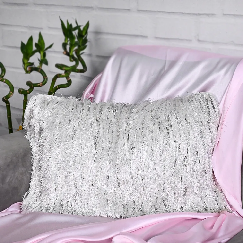 Fringed Polyester Wide White Shaggy Cushion Cover