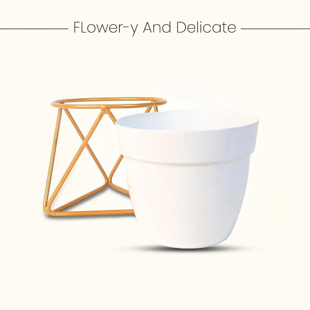 Frosty White and Gold Resilient Metal Plant Pot Single Piece