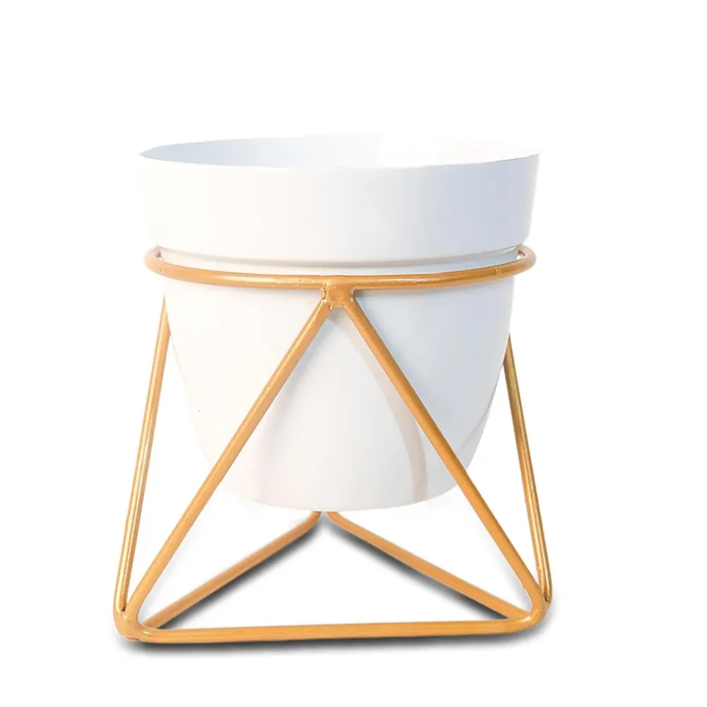 Frosty White and Gold Resilient Metal Plant Pot Single Piece