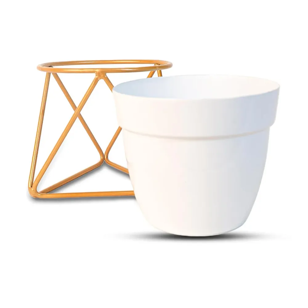 Frosty White and Gold Resilient Metal Plant Pot Single Piece