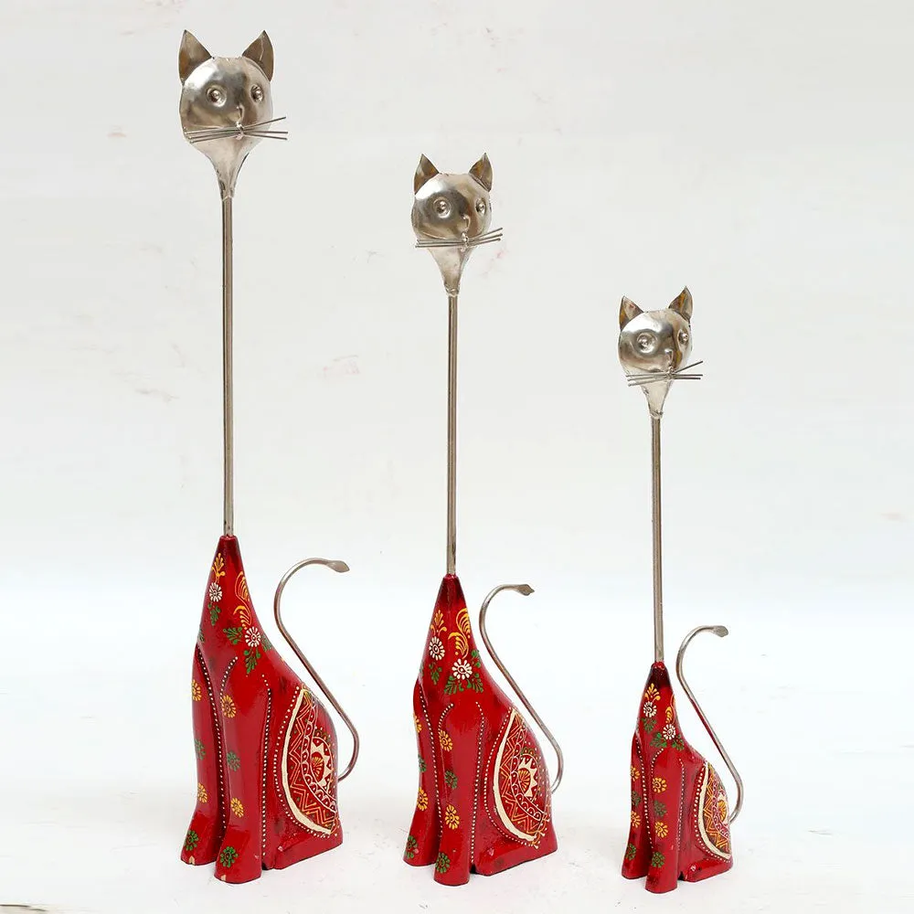 Funky Floating Cat Faces Wooden Figurine / Showpiece Set Of 3