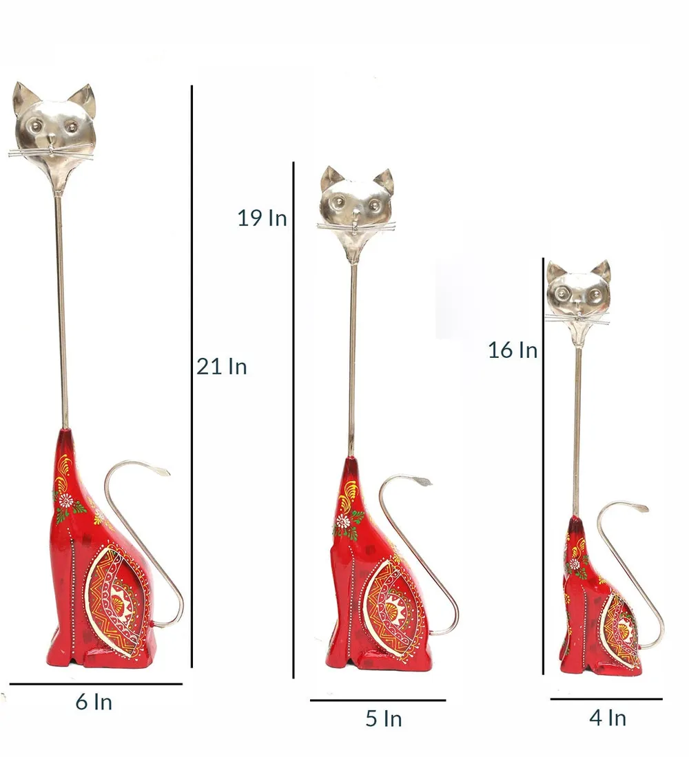 Funky Floating Cat Faces Wooden Figurine / Showpiece Set Of 3