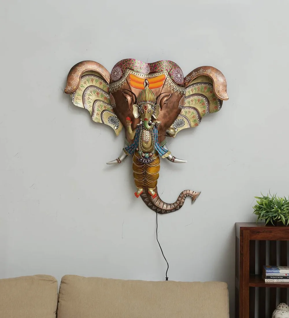 Ganesha Along With Elephant Perspective LED Metal Wall Decor