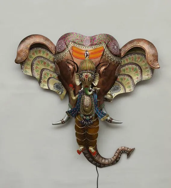 Ganesha Along With Elephant Perspective LED Metal Wall Decor