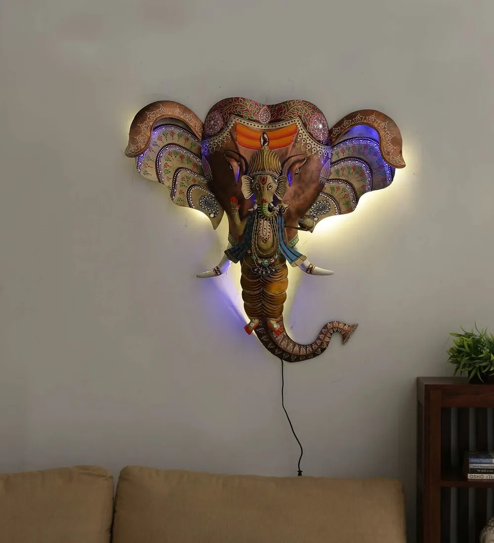 Ganesha Along With Elephant Perspective LED Metal Wall Decor