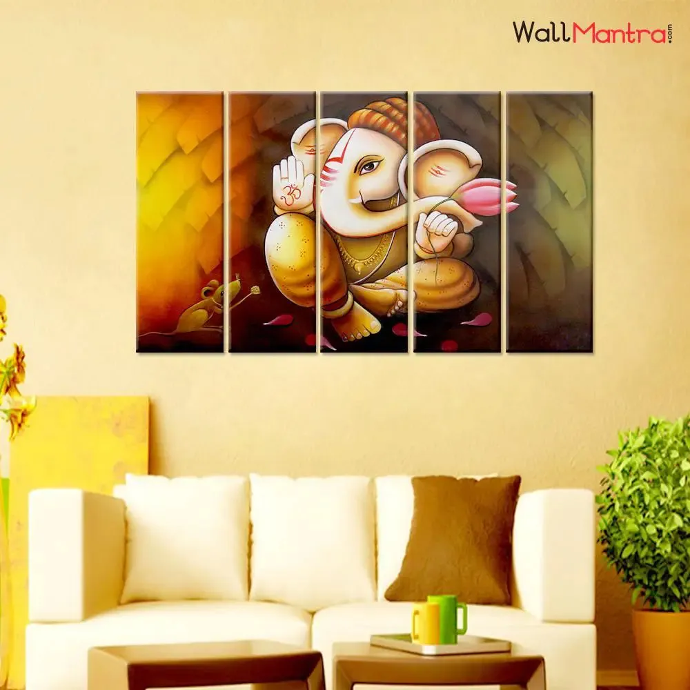 Ganesha Canvas Print  5 PCS Wall Painting Framed on Wood