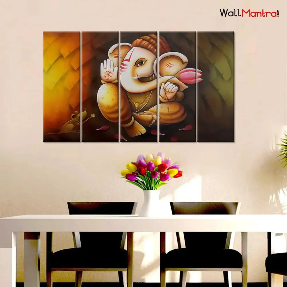 Ganesha Canvas Print  5 PCS Wall Painting Framed on Wood