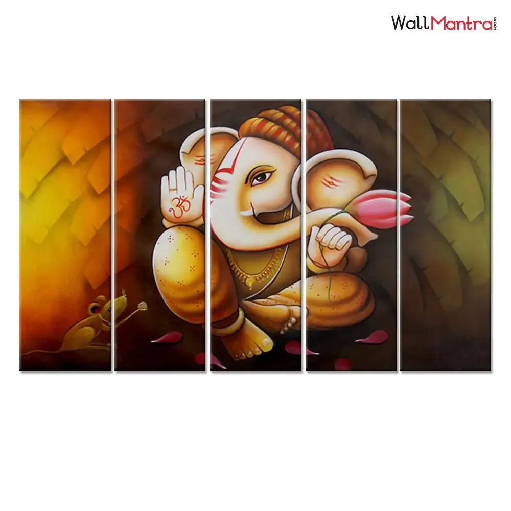 Ganesha Canvas Print  5 PCS Wall Painting Framed on Wood