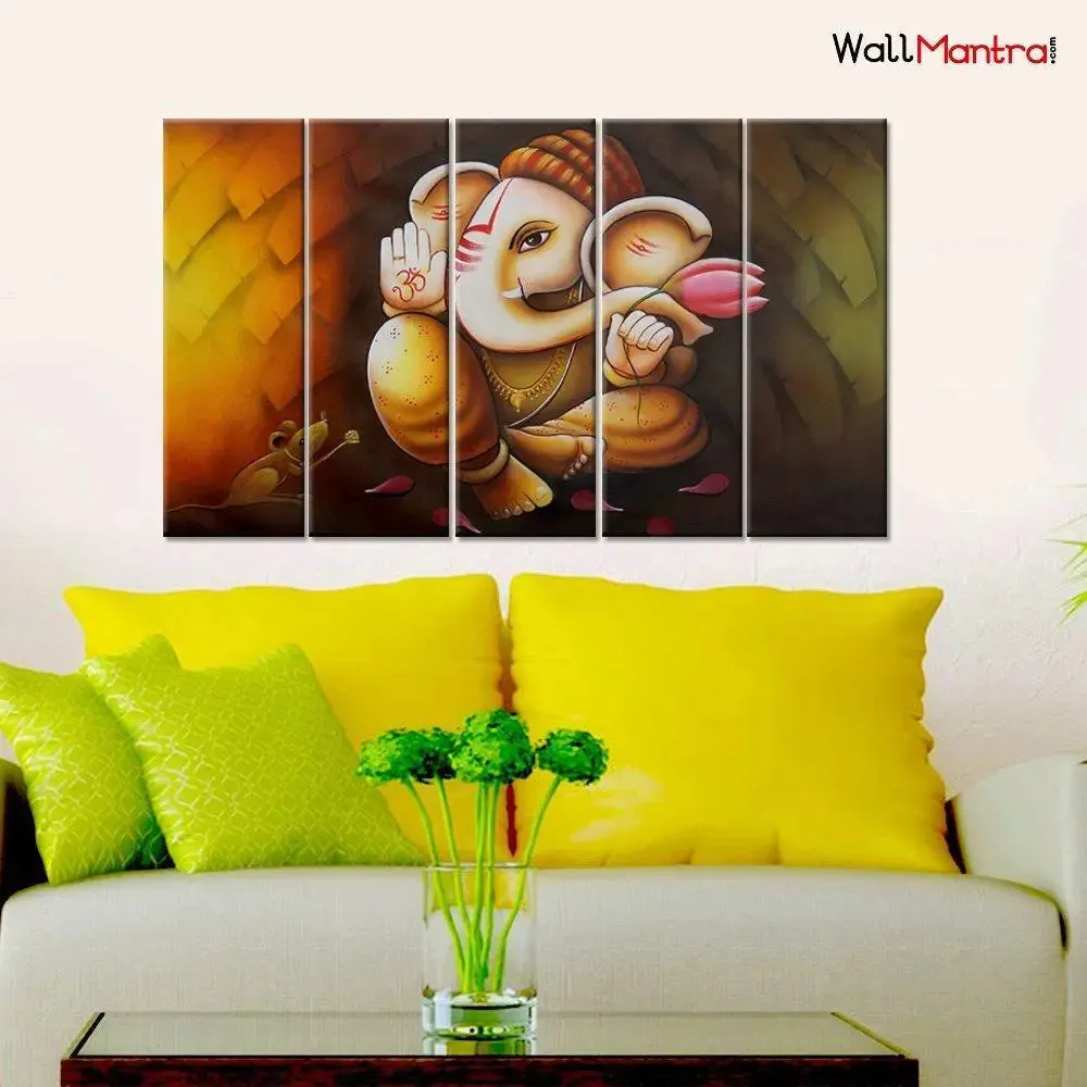 Ganesha Canvas Print  5 PCS Wall Painting Framed on Wood