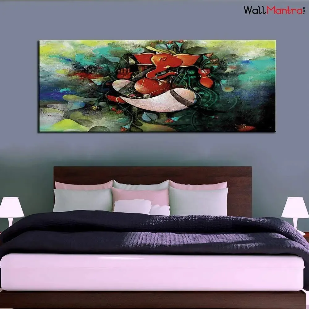 Ganesha Indian Devotional Canvas Painting With Wood Frame