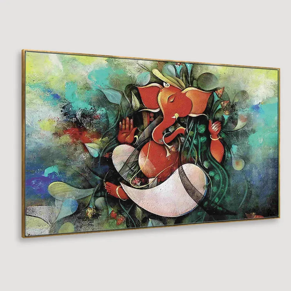 Ganesha Indian Devotional Canvas Painting With Wood Frame