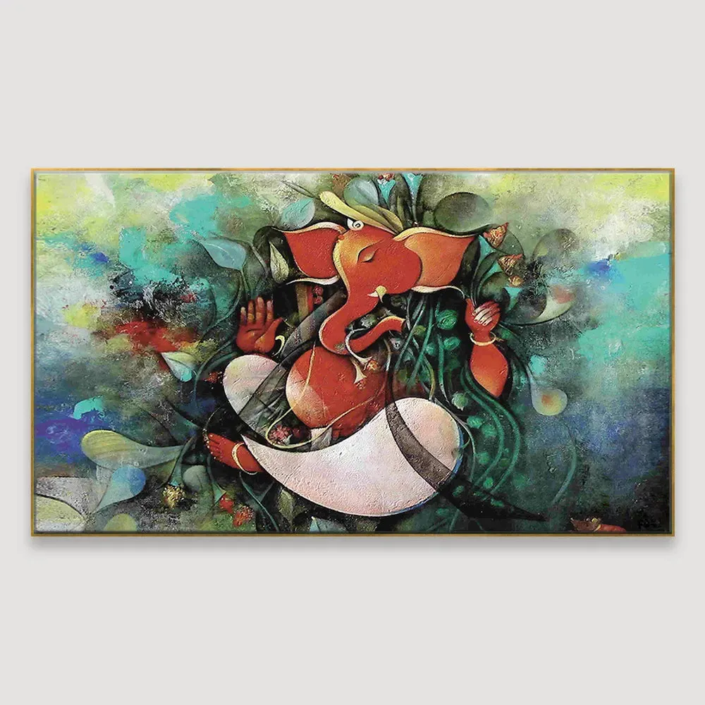 Ganesha Indian Devotional Canvas Painting With Wood Frame