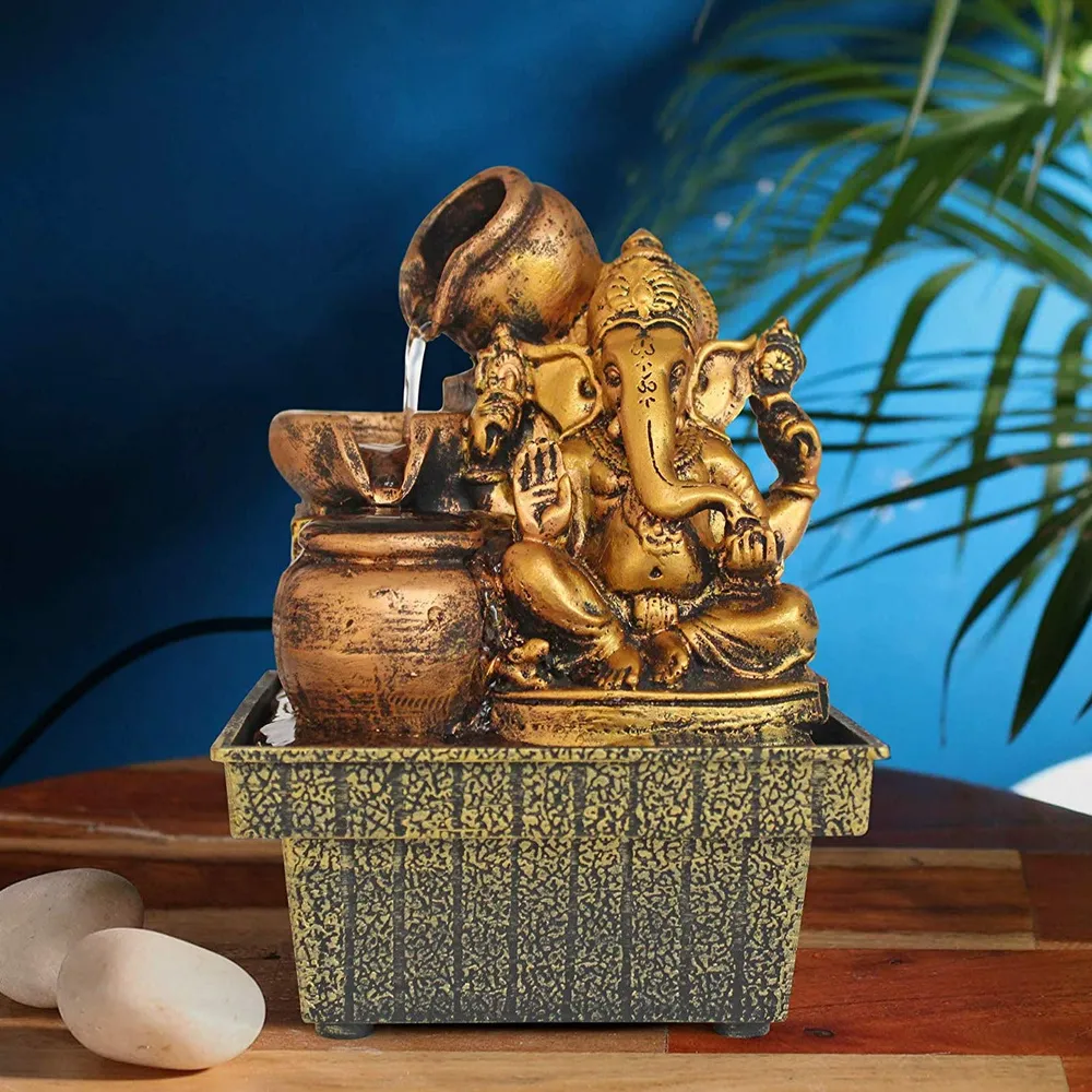 Ganesha With Flowing Kalash Golden Polyresin Indoor Water Fountain