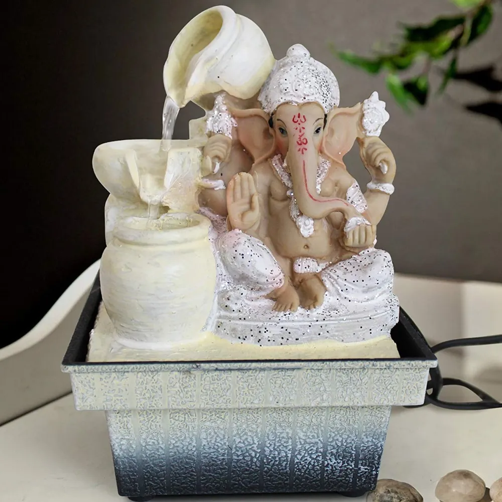 Ganesha With Flowing Kalash White Polyresin Indoor Water Fountain