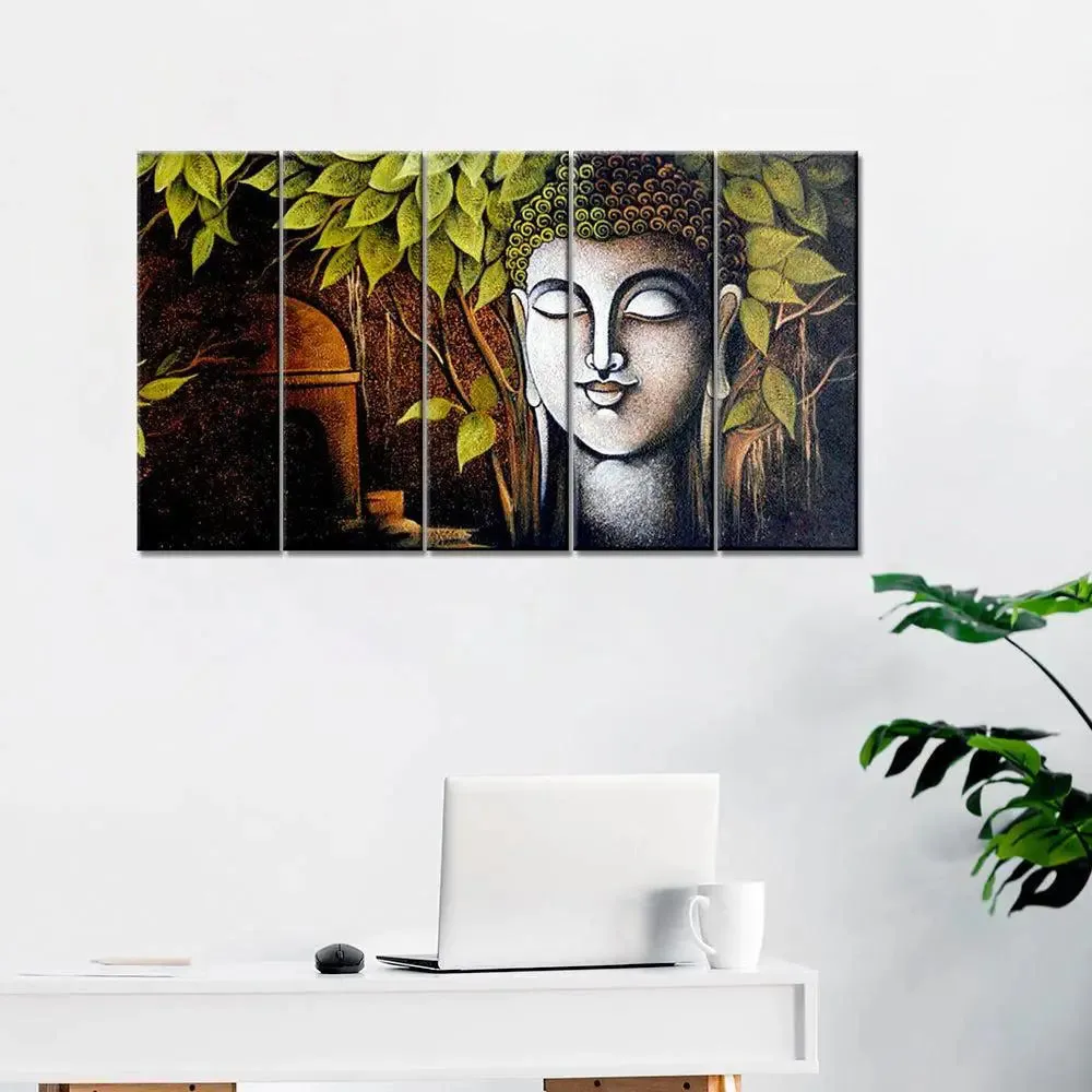 Gautam Buddha Wooden Framed 5 Pieces Spiritual Painting