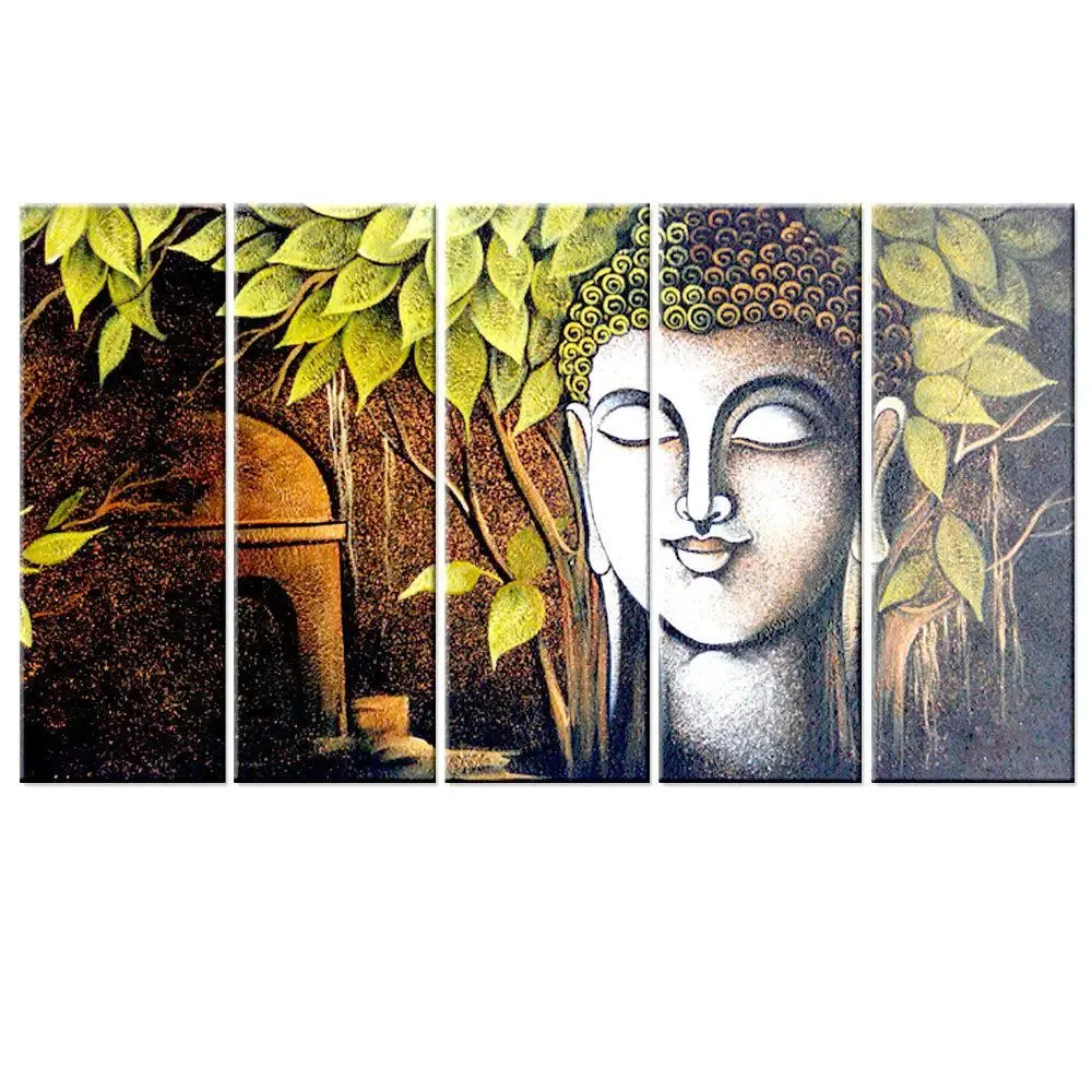 Gautam Buddha Wooden Framed 5 Pieces Spiritual Painting