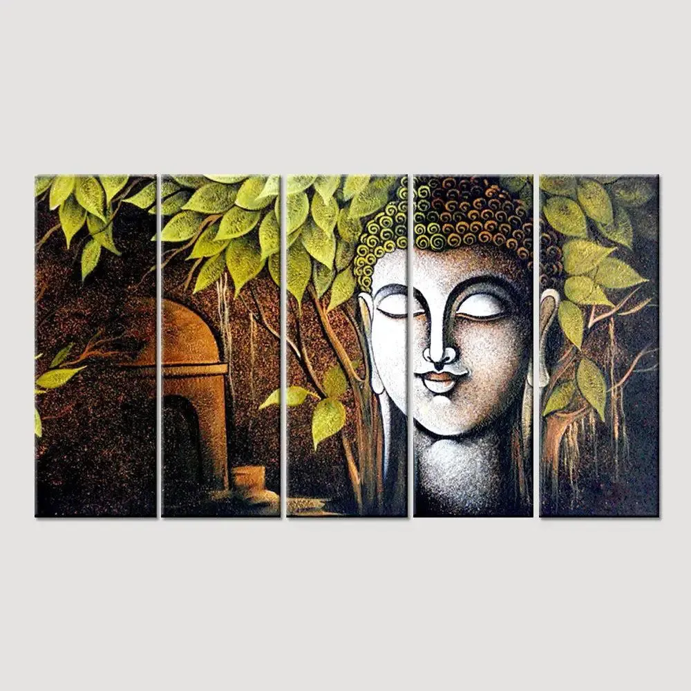 Gautam Buddha Wooden Framed 5 Pieces Spiritual Painting