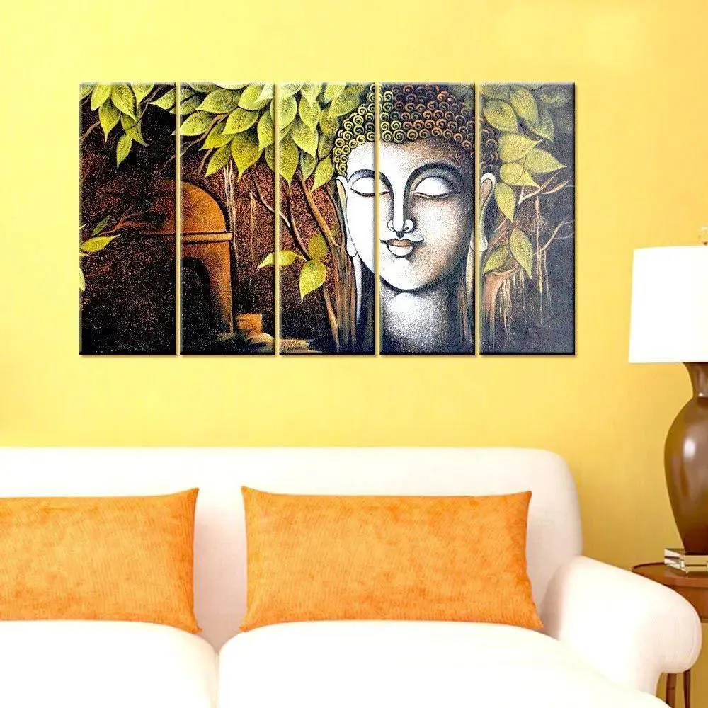Gautam Buddha Wooden Framed 5 Pieces Spiritual Painting