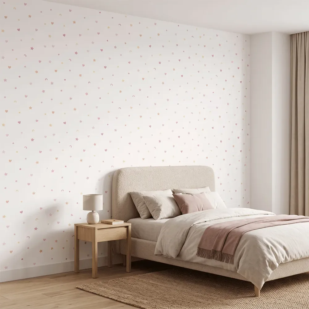 Pink Hearts & Stars Kids Wallpaper | Pastel Nursery Wallpaper