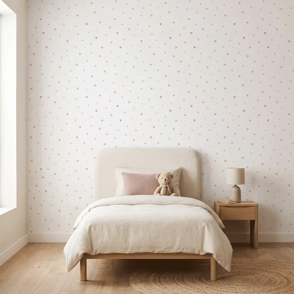 Pink Hearts & Stars Kids Wallpaper | Pastel Nursery Wallpaper