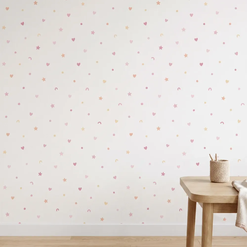 Pink Hearts & Stars Kids Wallpaper | Pastel Nursery Wallpaper