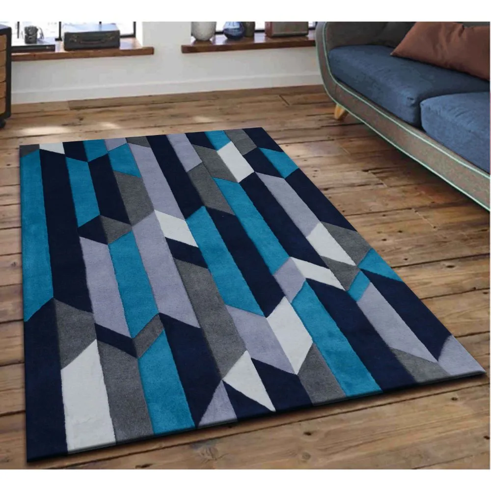 Geometric Designer Blue & Gray Tufted Area Carpet 2X5ft