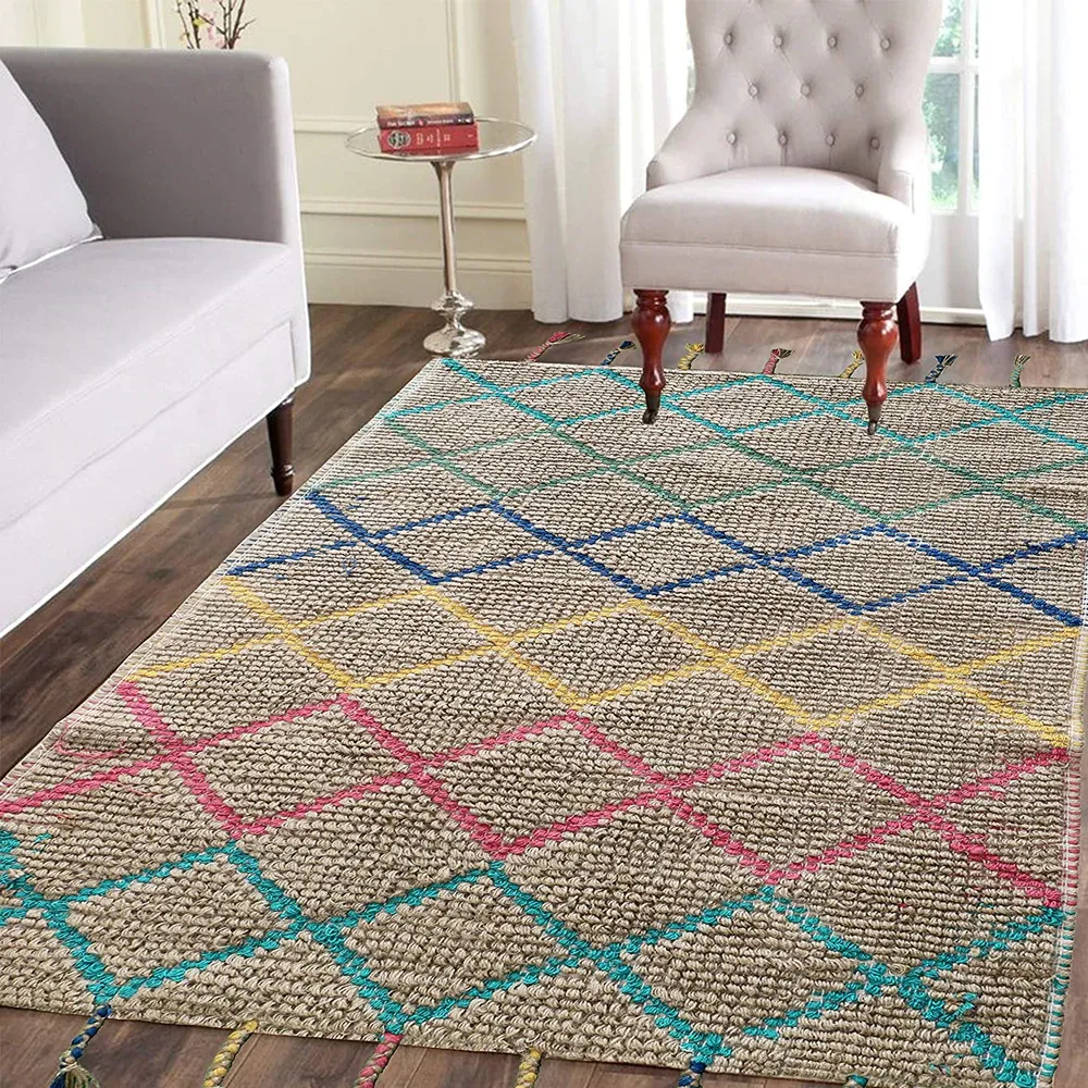 Geometric Designer Multicolor Jute and Cotton Floormat
