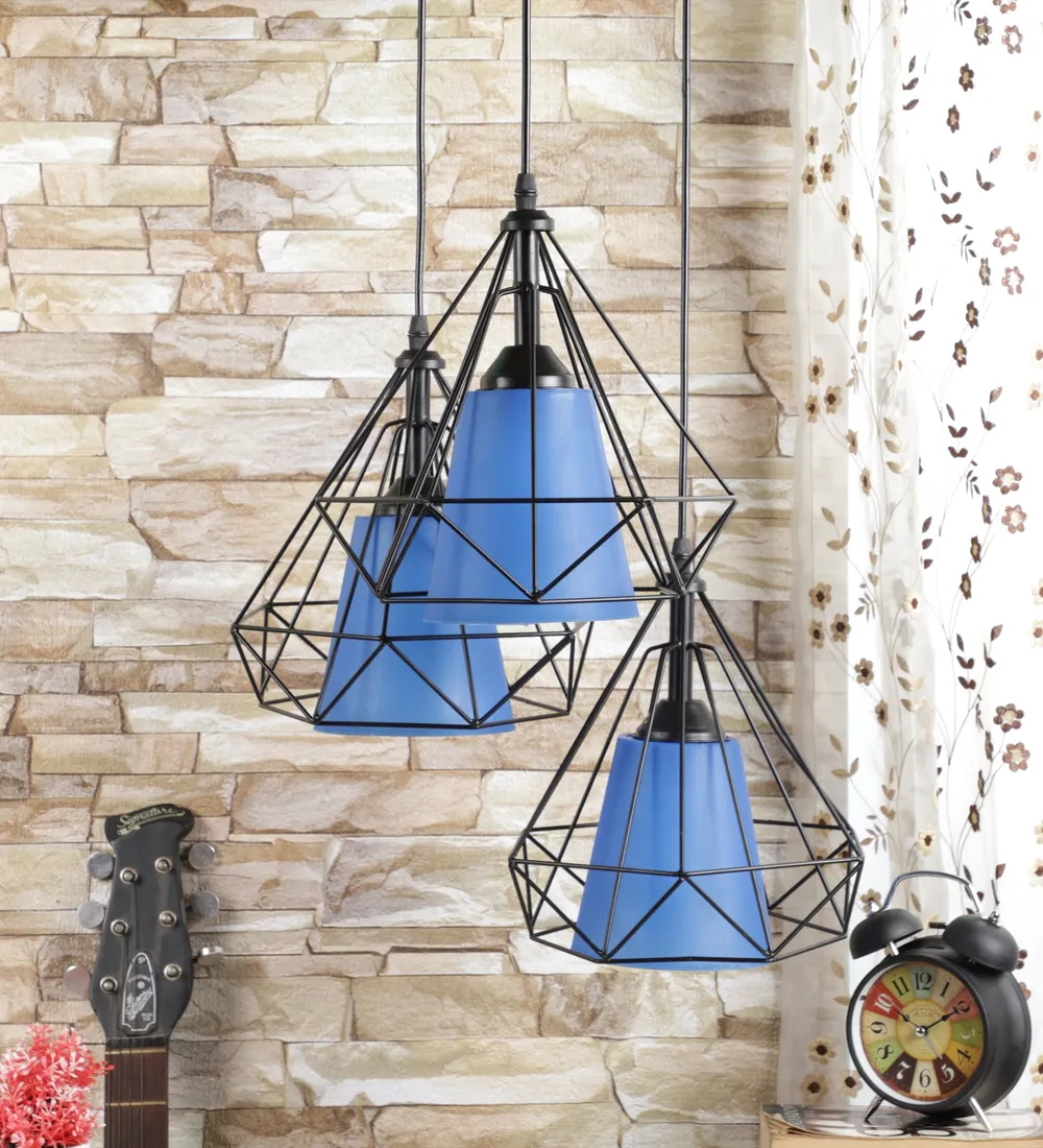 Geometric Metal Encased Orange Glass Cluster Hanging Light