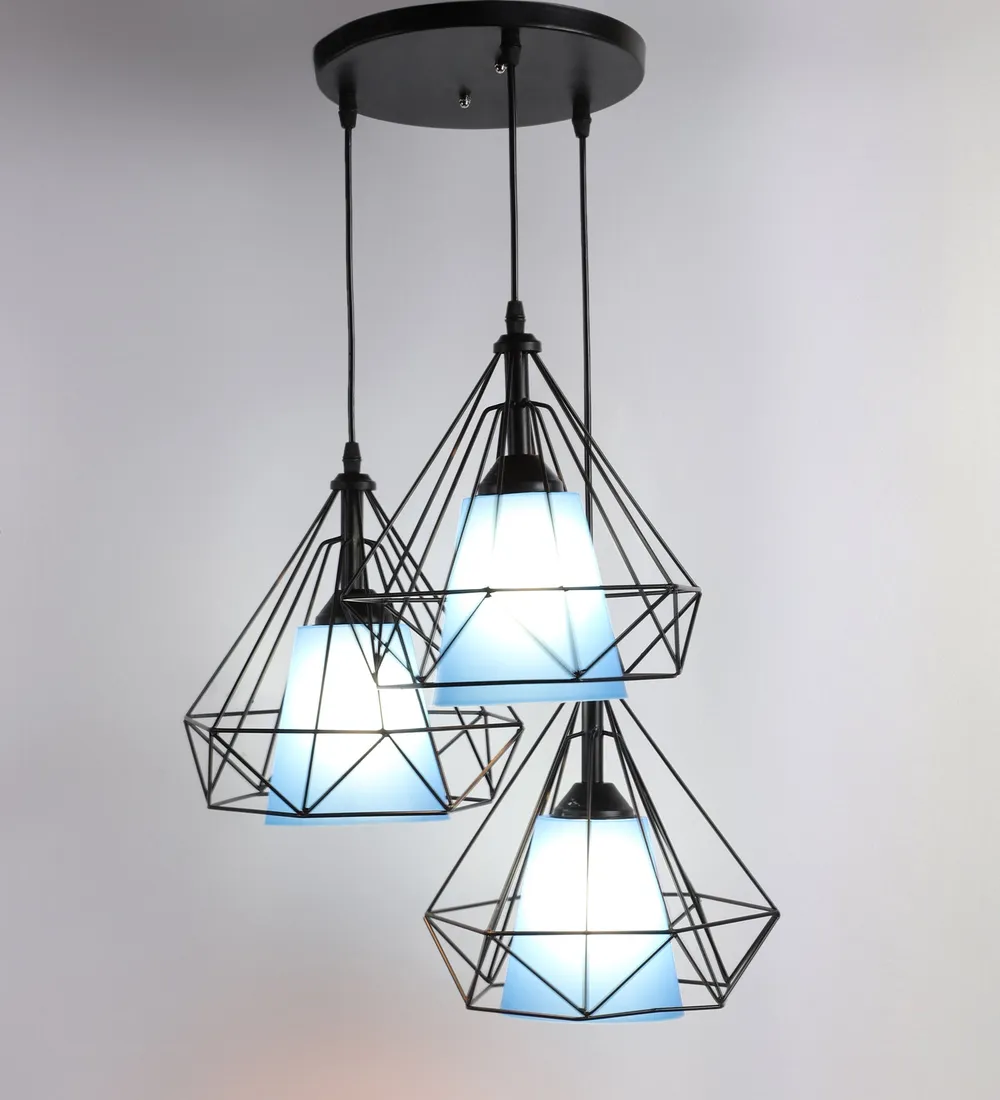 Geometric Metal Encased Orange Glass Cluster Hanging Light