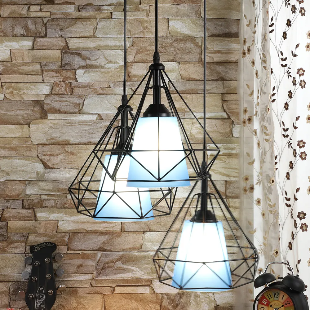 Geometric Metal Encased Orange Glass Cluster Hanging Light