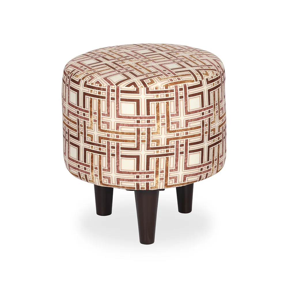 Geometric Printed Round Ottoman / Pouffe With Wooden Legs
