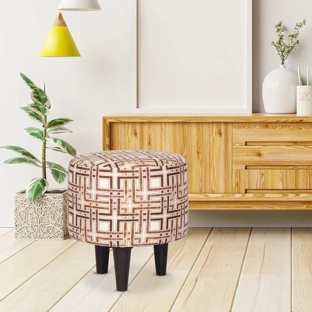 Geometric Printed Round Ottoman / Pouffe With Wooden Legs