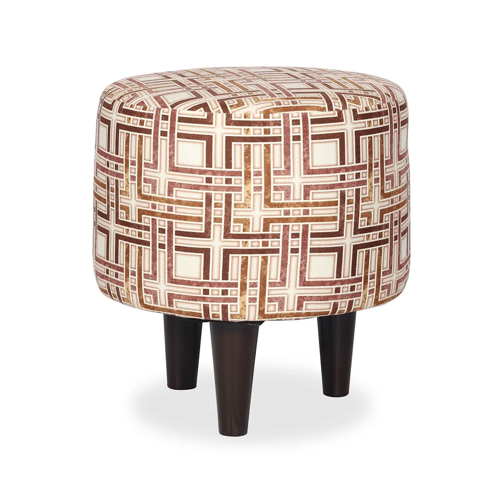 Geometric Printed Round Ottoman / Pouffe With Wooden Legs