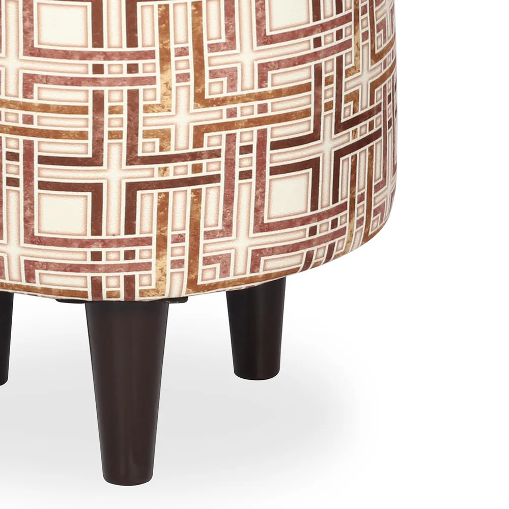 Geometric Printed Round Ottoman / Pouffe With Wooden Legs
