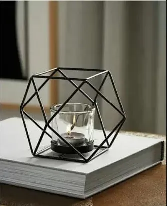 Geometrical Black Metal Round Glass & Metal Tea Light Candle Holder Single Piece