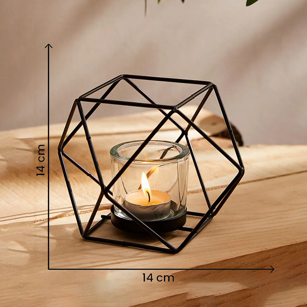 Geometrical Black Metal Round Glass & Metal Tea Light Candle Holder Single Piece