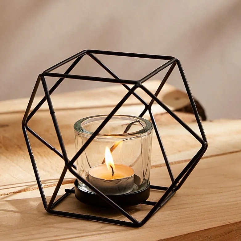 Geometrical Black Metal Round Glass & Metal Tea Light Candle Holder Single Piece