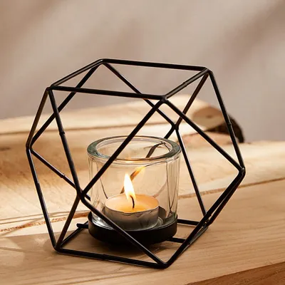 Geometrical Black Metal Round Glass & Metal Tea Light Candle Holder