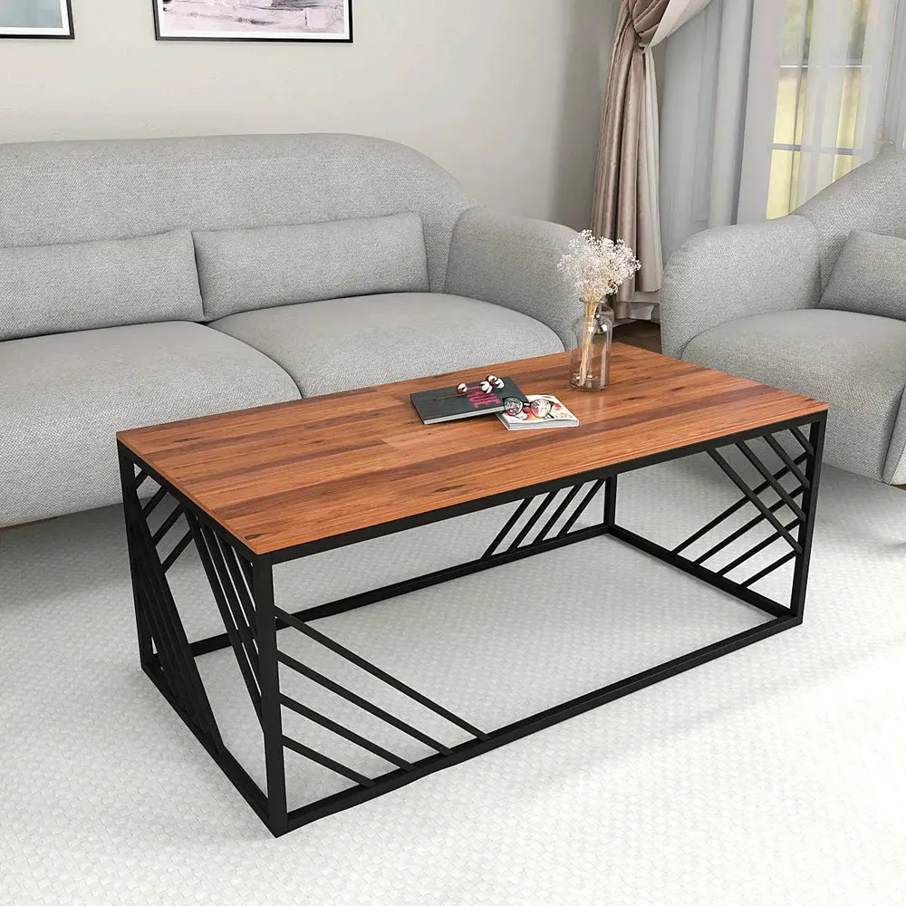 Geometrical Design Black Metal Centre Table With Premium Sheesham Wood Top