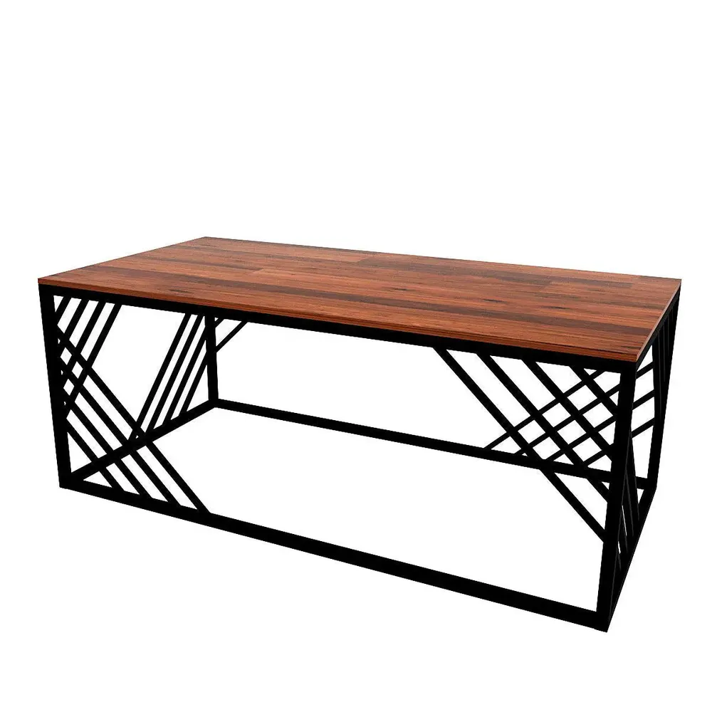 Geometrical Design Black Metal Centre Table With Premium Sheesham Wood Top