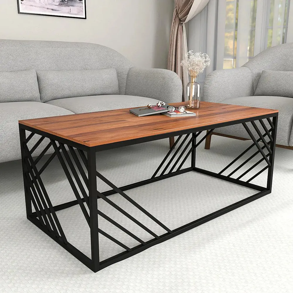 Geometrical Design Black Metal Centre Table With Premium Sheesham Wood Top