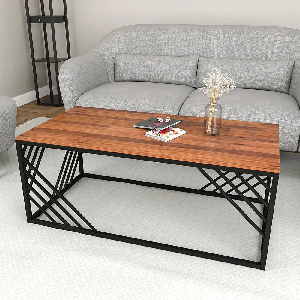 Geometrical Design Black Metal Centre Table With Premium Sheesham Wood Top