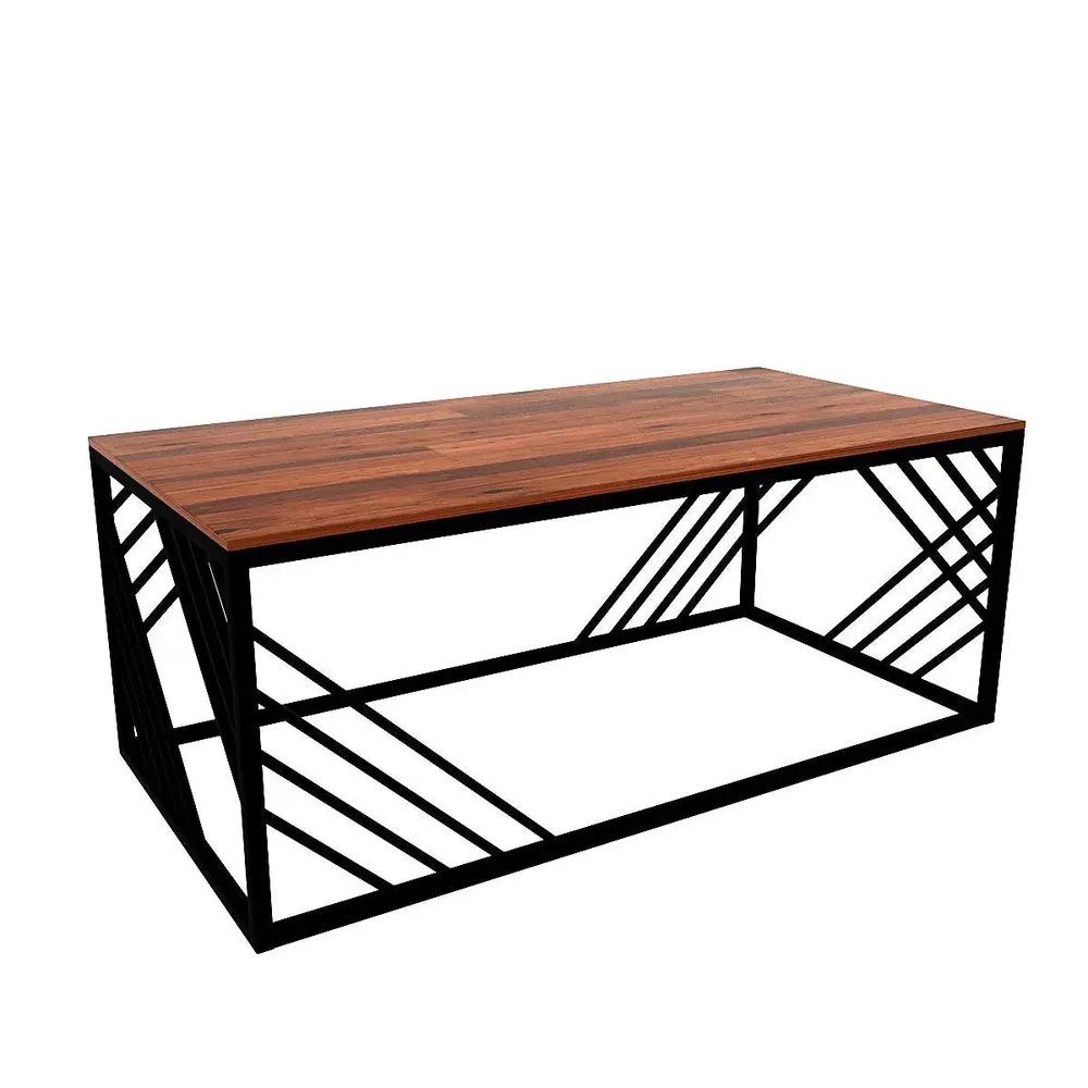 Geometrical Design Black Metal Centre Table With Premium Sheesham Wood Top