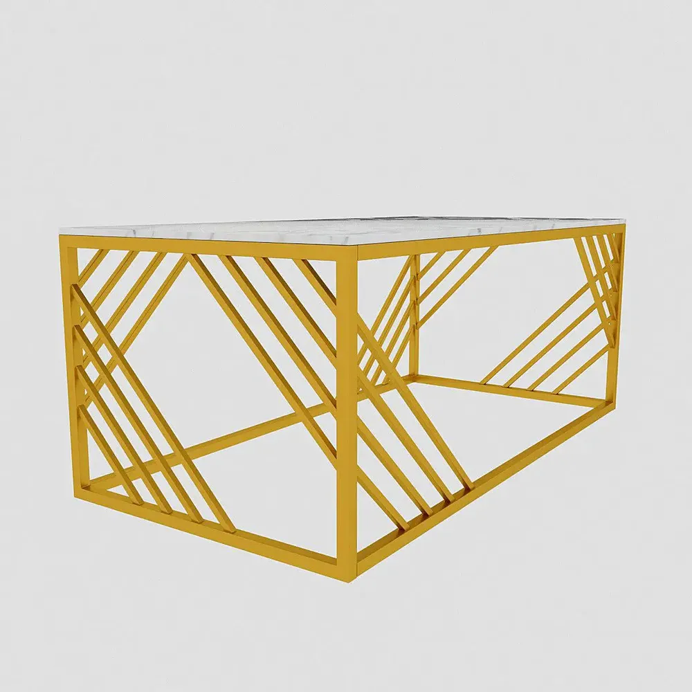Geometrical Design Golden Metal Centre Table With Premium White Marble