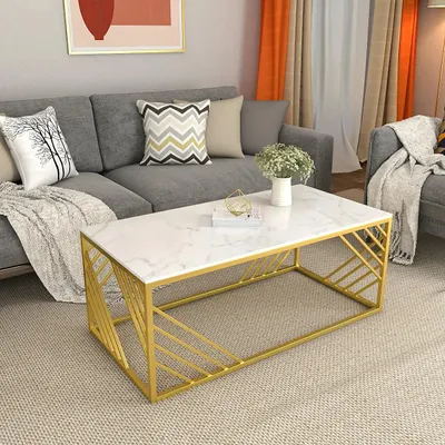 Geometrical Design Golden Metal Centre Table With Premium White Marble