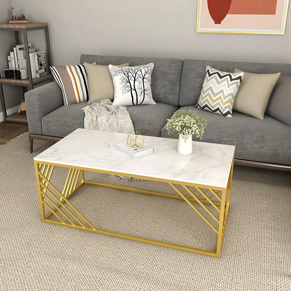 Geometrical Design Golden Metal Centre Table With Premium White Marble