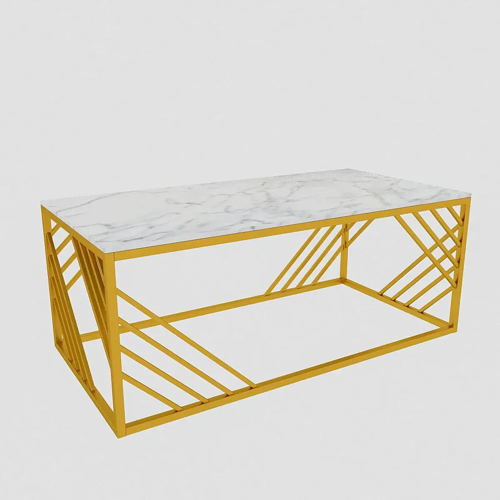 Geometrical Design Golden Metal Centre Table With Premium White Marble