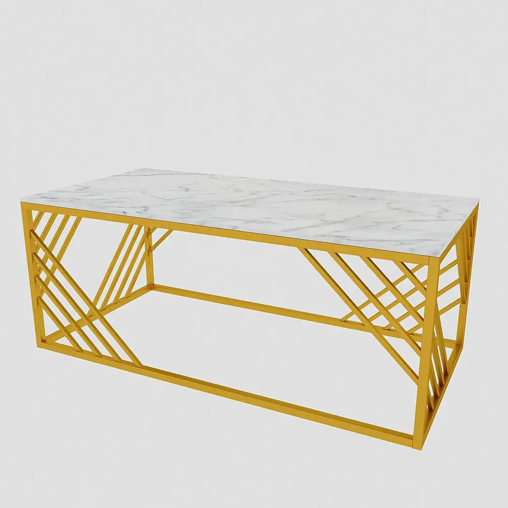 Geometrical Design Golden Metal Centre Table With Premium White Marble