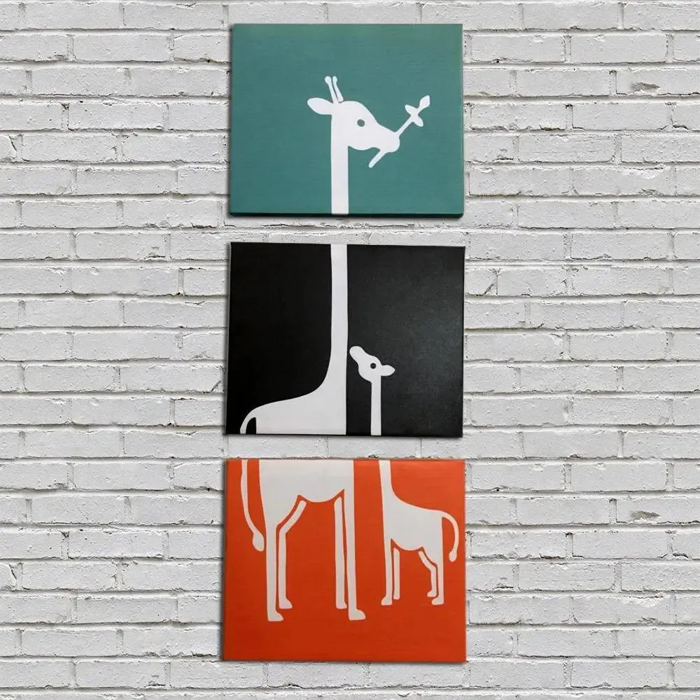 Giraffe Animal Wall Painting / 3 Pieces Canvas Print /Stretched and Framed on Wood / 12" W x 31" H